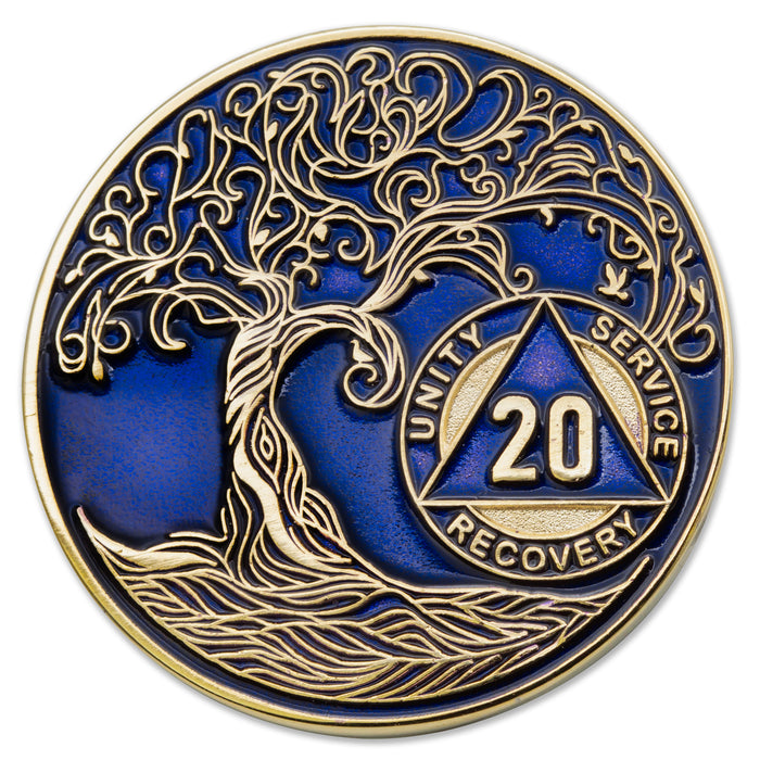 20 Year Sobriety Mint Twisted Tree of Life Gold Plated AA Recovery Medallion - Twenty Year Chip/Coin - Blue