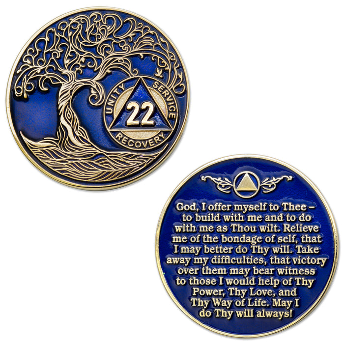 22 Year Sobriety Mint Twisted Tree of Life Gold Plated AA Recovery Medallion - Twenty Two Year Chip/Coin - Blue