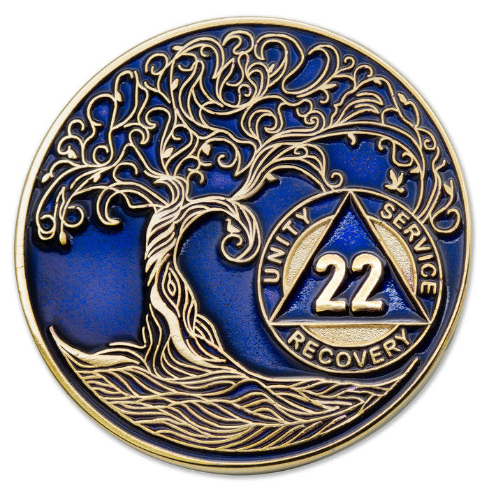 22 Year Sobriety Mint Twisted Tree of Life Gold Plated AA Recovery Medallion - Twenty Two Year Chip/Coin - Blue