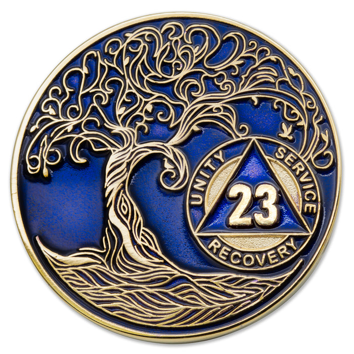 23 Year Sobriety Mint Twisted Tree of Life Gold Plated AA Recovery Medallion - Twenty Three Year Chip/Coin - Blue