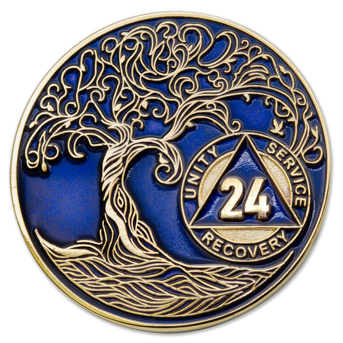 24 Year Sobriety Mint Twisted Tree of Life Gold Plated AA Recovery Medallion - Twenty Four Year Chip/Coin - Blue
