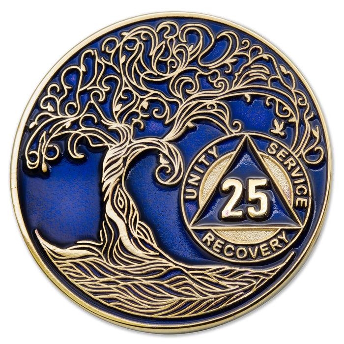25 Year Sobriety Mint Twisted Tree of Life Gold Plated AA Recovery Medallion - Twenty Five Year Chip/Coin - Blue