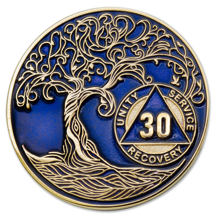 30 Year Sobriety Mint Twisted Tree of Life Gold Plated AA Recovery Medallion - Thirty Year Chip/Coin - Blue