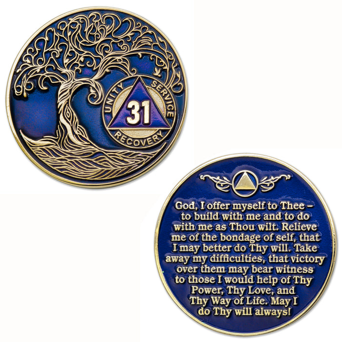 31 Year Sobriety Mint Twisted Tree of Life Gold Plated AA Recovery Medallion - Thirty-One Year Chip/Coin - Blue + Velvet Box