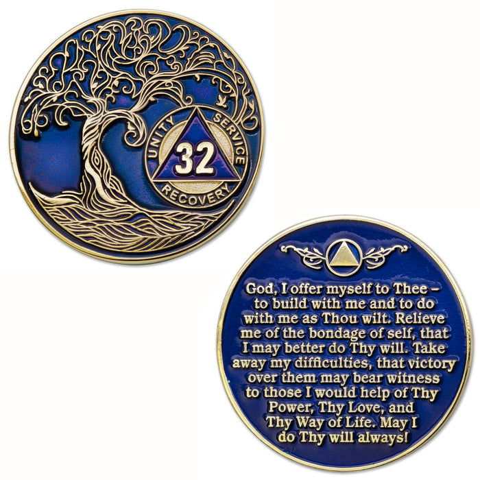 32 Year Sobriety Mint Twisted Tree of Life Gold Plated AA Recovery Medallion - Thirty-Two Year Chip/Coin - Blue + Velvet Box