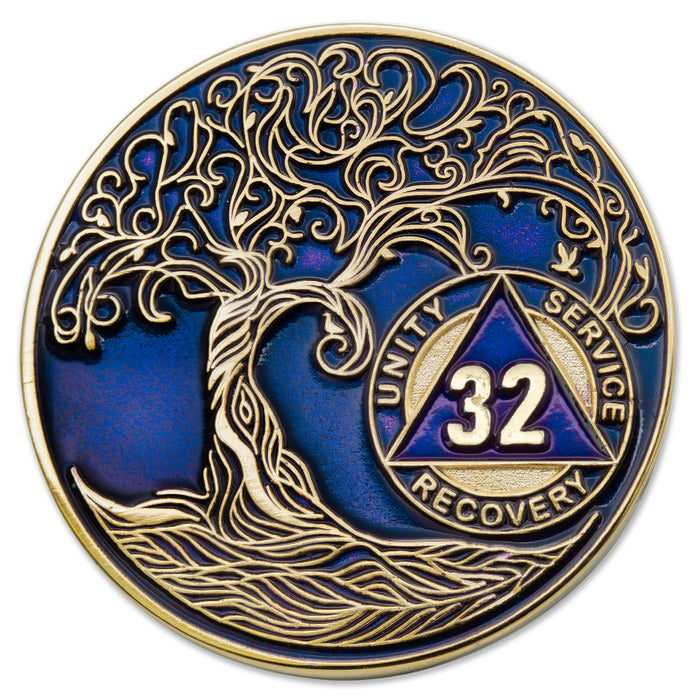 32 Year Sobriety Mint Twisted Tree of Life Gold Plated AA Recovery Medallion - Thirty-Two Year Chip/Coin - Blue + Velvet Box