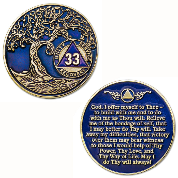 33 Year Sobriety Mint Twisted Tree of Life Gold Plated AA Recovery Medallion - Thirty-Three Year Chip/Coin - Blue