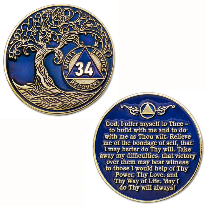 34 Year Sobriety Mint Twisted Tree of Life Gold Plated AA Recovery Medallion - Thirty-Four Year Chip/Coin - Blue + Velvet Box