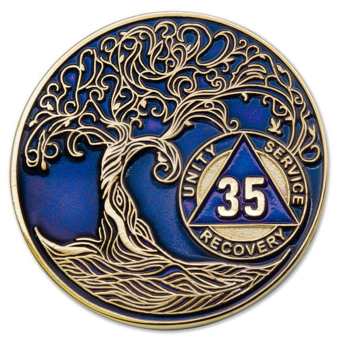 35 Year Sobriety Mint Twisted Tree of Life Gold Plated AA Recovery Medallion - Thirty-Five Year Chip/Coin - Blue + Velvet Box