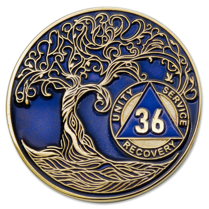 36 Year Sobriety Mint Twisted Tree of Life Gold Plated AA Recovery Medallion - Thirty-Six Year Chip/Coin - Blue