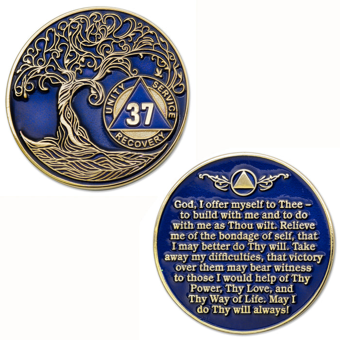 37 Year Sobriety Mint Twisted Tree of Life Gold Plated AA Recovery Medallion - Thirty-Seven Year Chip/Coin - Blue + Velvet Box