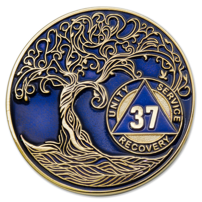37 Year Sobriety Mint Twisted Tree of Life Gold Plated AA Recovery Medallion - Thirty-Seven Year Chip/Coin - Blue
