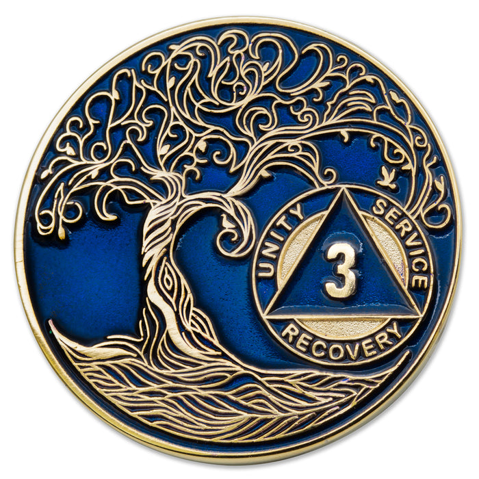 3 Year Sobriety Mint Twisted Tree of Life Gold Plated AA Recovery Medallion - Three Year Chip/Coin - Blue