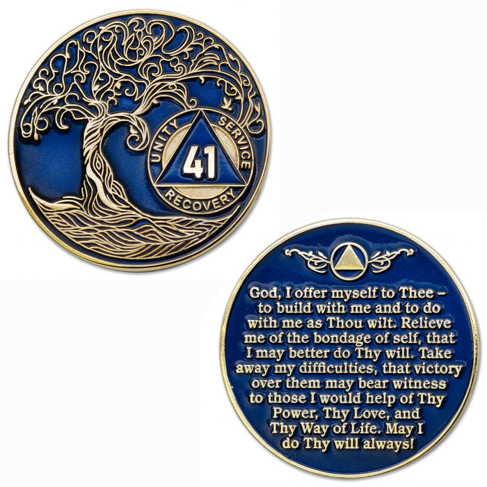 41 Year Sobriety Mint Twisted Tree of Life Gold Plated AA Recovery Medallion - Forty-One Year Chip/Coin - Blue + Velvet Box