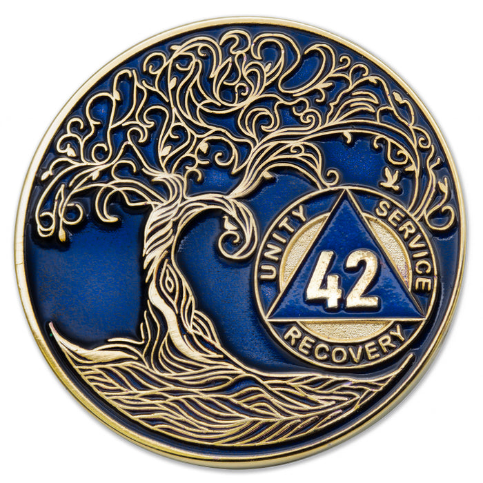 42 Year Sobriety Mint Twisted Tree of Life Gold Plated AA Recovery Medallion - Forty-Two Year Chip/Coin - Blue