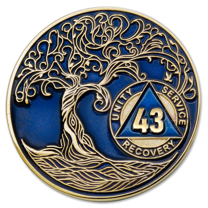 43 Year Sobriety Mint Twisted Tree of Life Gold Plated AA Recovery Medallion - Forty-Three Year Chip/Coin - Blue + Velvet Box