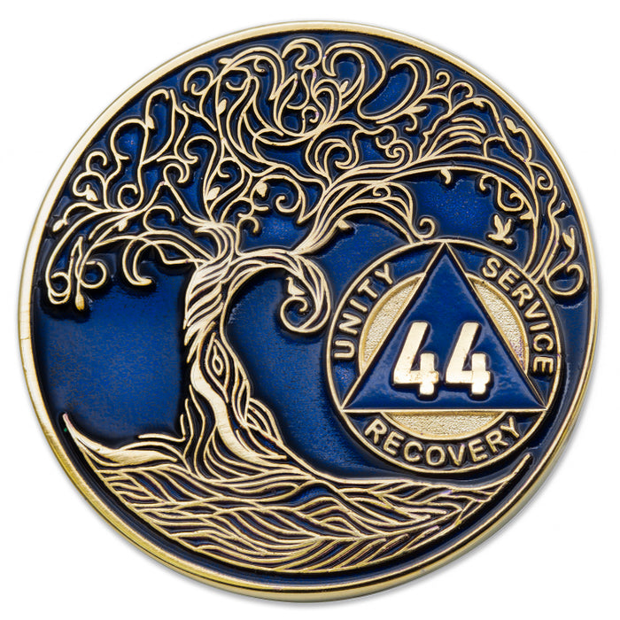 44 Year Sobriety Mint Twisted Tree of Life Gold Plated AA Recovery Medallion - Forty-Four Year Chip/Coin - Blue + Velvet Box