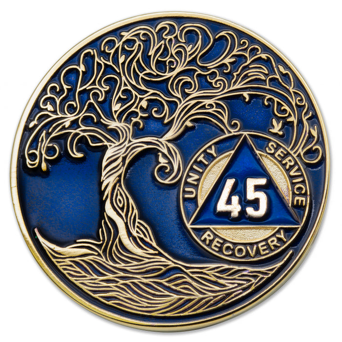 45 Year Sobriety Mint Twisted Tree of Life Gold Plated AA Recovery Medallion - Forty-Five Year Chip/Coin - Blue