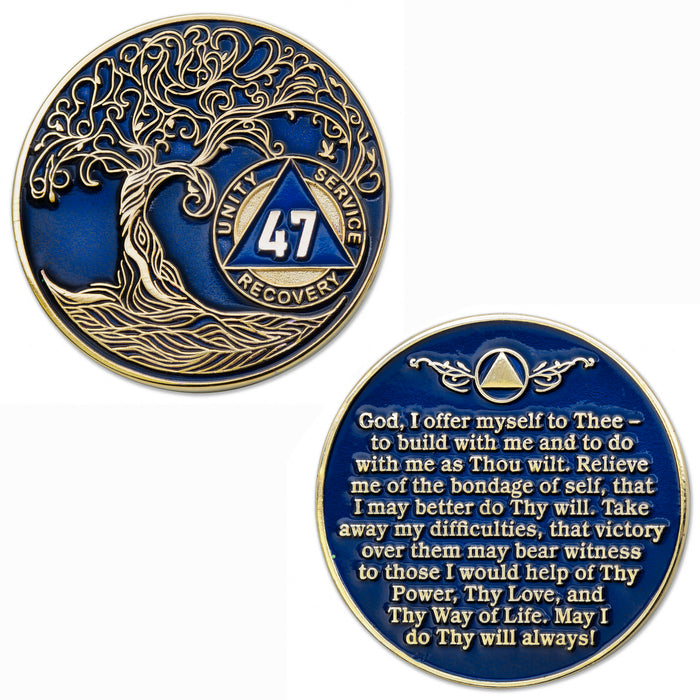 47 Year Sobriety Mint Twisted Tree of Life Gold Plated AA Recovery Medallion - Forty-Seven Year Chip/Coin - Blue + Velvet Box
