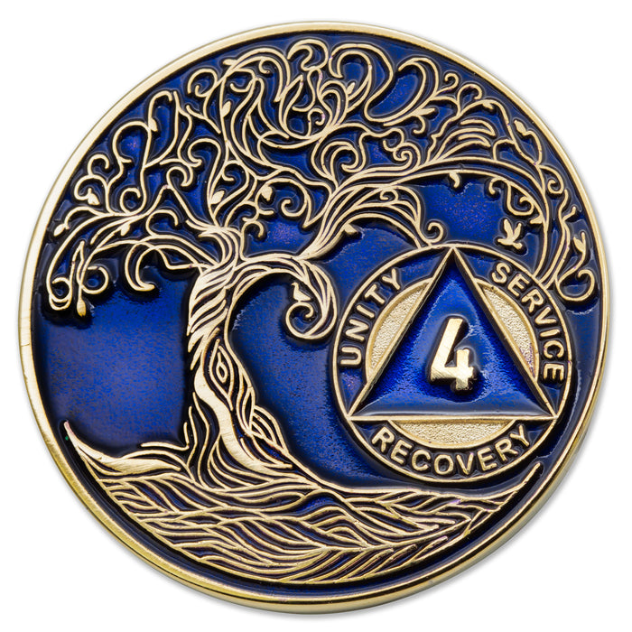 4 Year Sobriety Mint Twisted Tree of Life Gold Plated AA Recovery Medallion - Four Year Chip/Coin - Blue