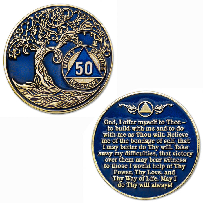 50 Year Sobriety Mint Twisted Tree of Life Gold Plated AA Recovery Medallion - Fifty Year Chip/Coin - Blue + Velvet Box