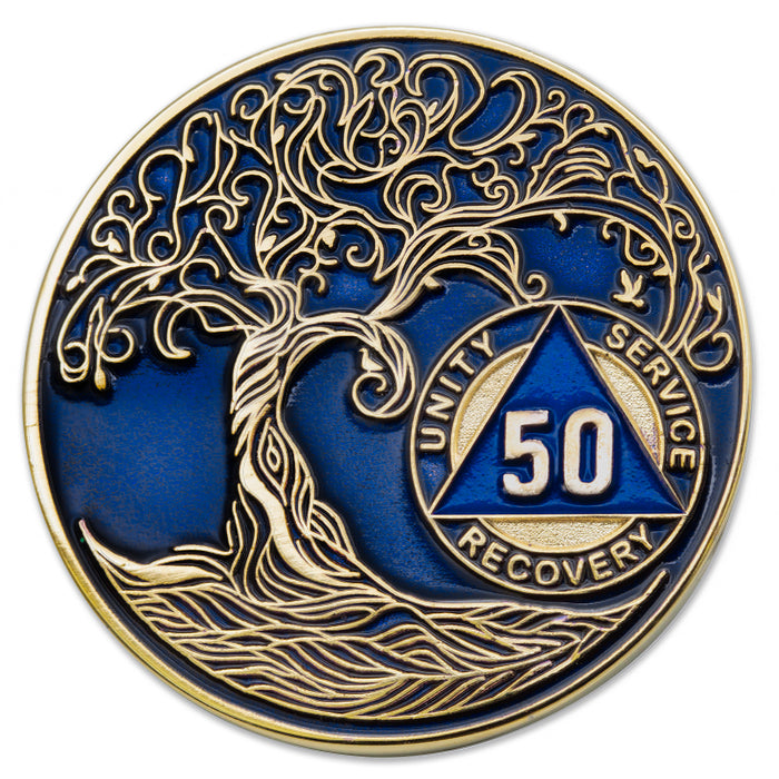50 Year Sobriety Mint Twisted Tree of Life Gold Plated AA Recovery Medallion - Fifty Year Chip/Coin - Blue + Velvet Box