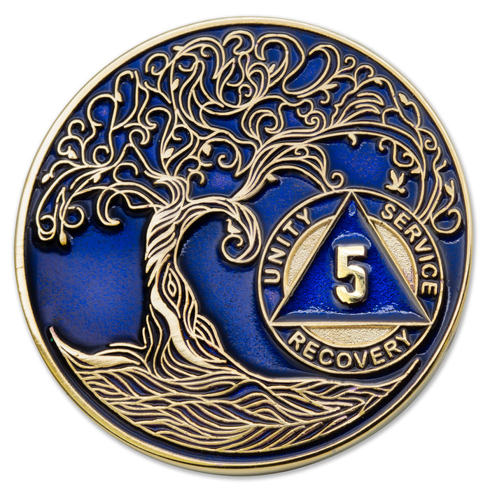 5 Year Sobriety Mint Twisted Tree of Life Gold Plated AA Recovery Medallion - Five Year Chip/Coin - Blue