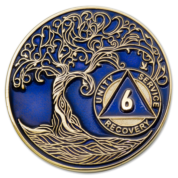 6 Year Sobriety Mint Twisted Tree of Life Gold Plated AA Recovery Medallion - Six Year Chip/Coin - Blue