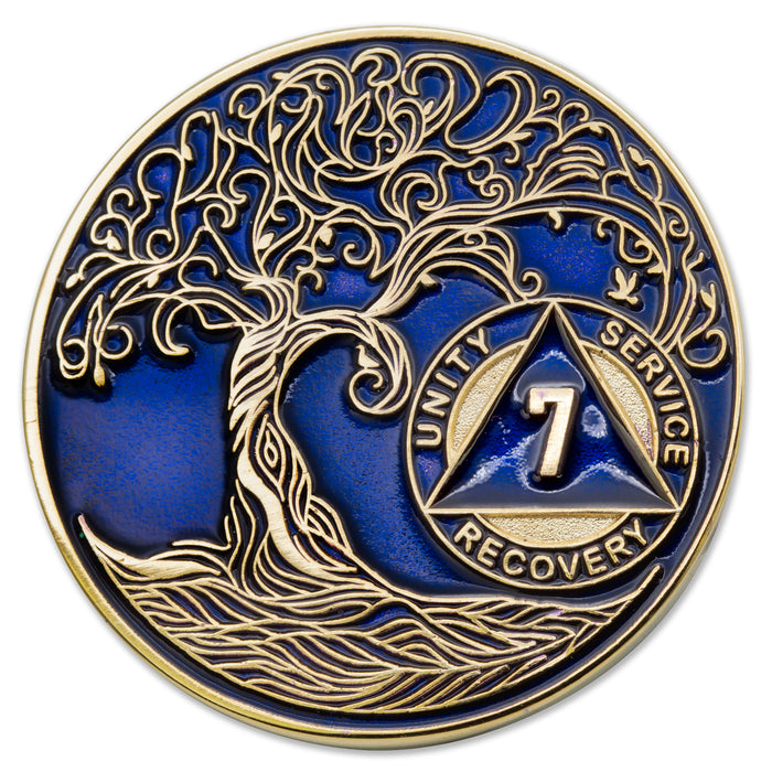 7 Year Sobriety Mint Twisted Tree of Life Gold Plated AA Recovery Medallion - Seven Year Chip/Coin - Blue