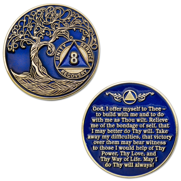 8 Year Sobriety Mint Twisted Tree of Life Gold Plated AA Recovery Medallion - Eight Year Chip/Coin - Blue
