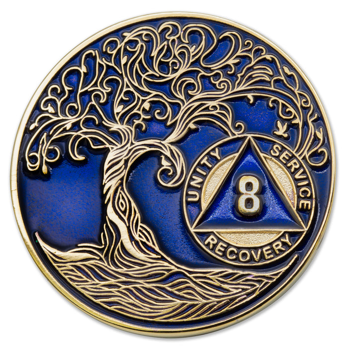 8 Year Sobriety Mint Twisted Tree of Life Gold Plated AA Recovery Medallion - Eight Year Chip/Coin - Blue