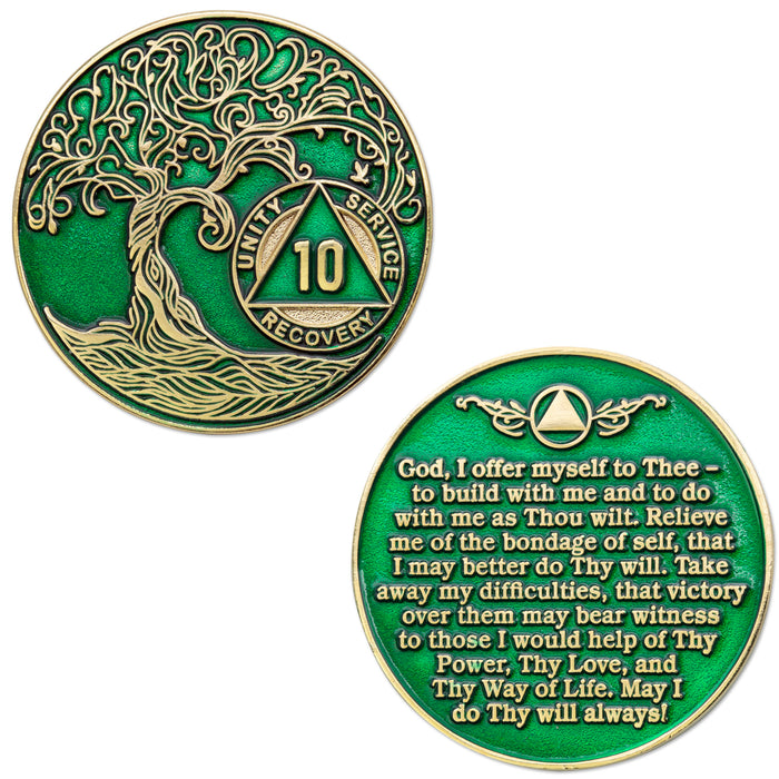 10 Year Sobriety Mint Twisted Tree of Life Gold Plated AA Recovery Medallion - Ten Year Chip/Coin - Green + Velvet Box