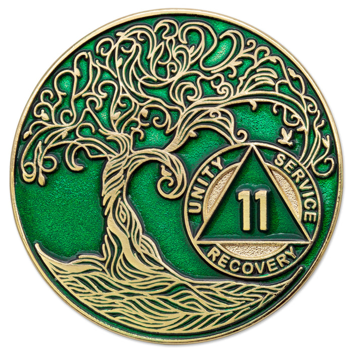 11 Year Sobriety Mint Twisted Tree of Life Gold Plated AA Recovery Medallion - Eleven Year Chip/Coin - Green