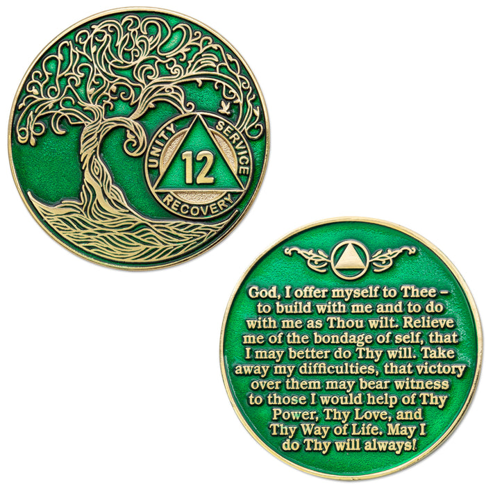 12 Year Sobriety Mint Twisted Tree of Life Gold Plated AA Recovery Medallion - Twelve Year Chip/Coin - Green