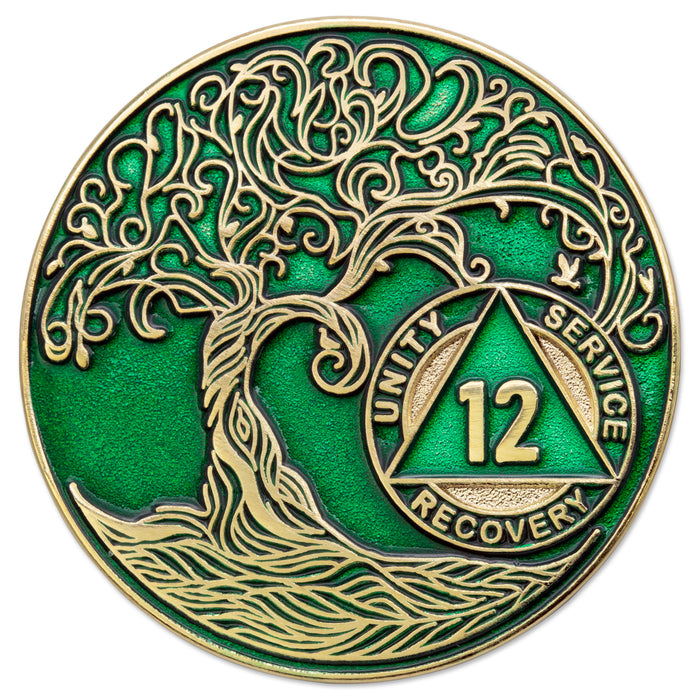 12 Year Sobriety Mint Twisted Tree of Life Gold Plated AA Recovery Medallion - Twelve Year Chip/Coin - Green + Velvet Box