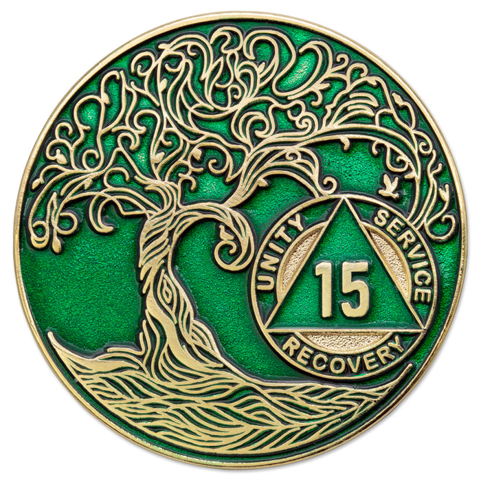 15 Year Sobriety Mint Twisted Tree of Life Gold Plated AA Recovery Medallion - Fifteen Year Chip/Coin - Green + Velvet Box