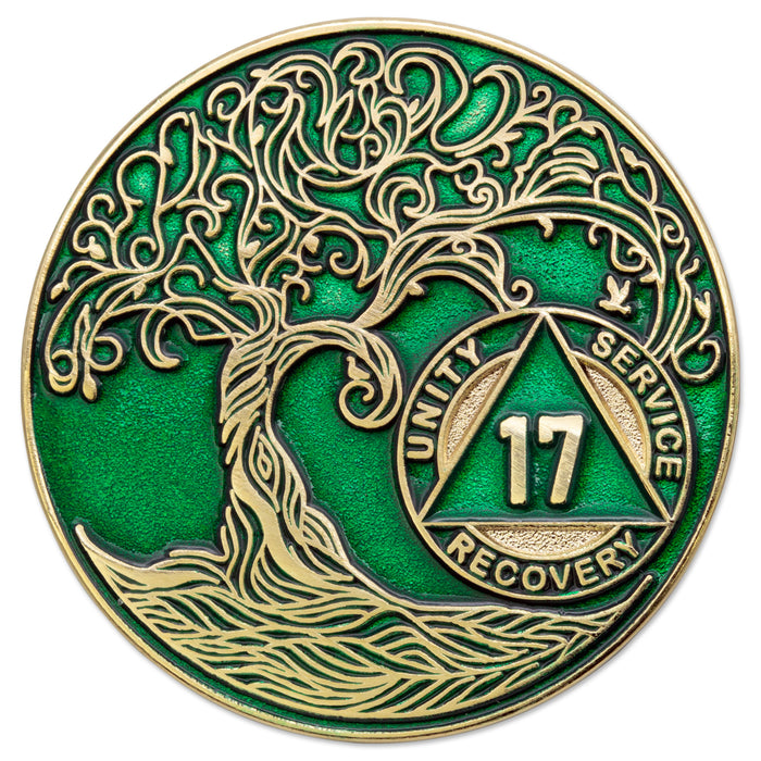 17 Year Sobriety Mint Twisted Tree of Life Gold Plated AA Recovery Medallion - Seventeen Year Chip/Coin - Green + Velvet Box