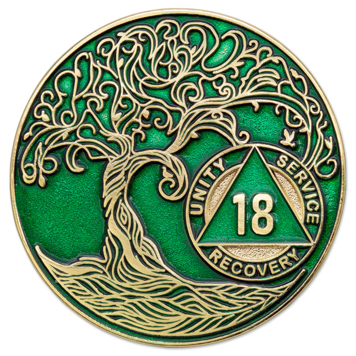 18 Year Sobriety Mint Twisted Tree of Life Gold Plated AA Recovery Medallion - Eighteen Year Chip/Coin - Green + Velvet Box