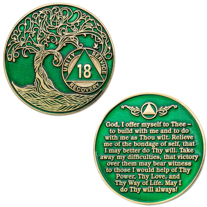 19 Year Sobriety Mint Twisted Tree of Life Gold Plated AA Recovery Medallion - Nineteen Year Chip/Coin - Green