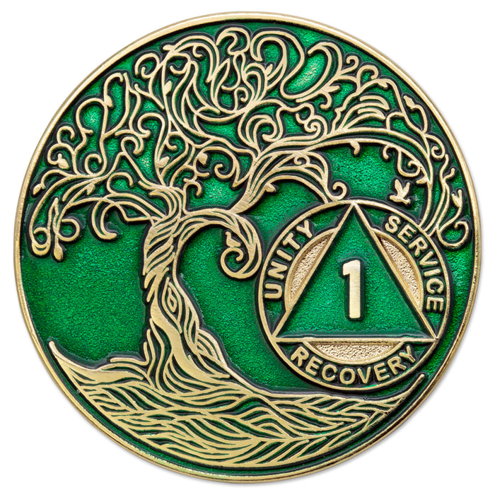 1 Year Sobriety Mint Twisted Tree of Life Gold Plated AA Recovery Medallion - One Year Chip/Coin - Green