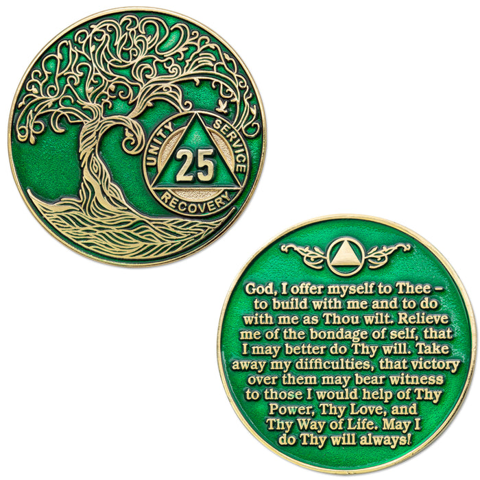 25 Year Sobriety Mint Twisted Tree of Life Gold Plated AA Recovery Medallion - Twenty Five Year Chip/Coin - Green