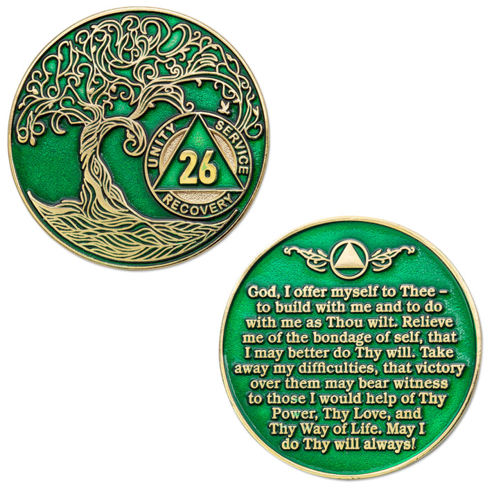 26 Year Sobriety Mint Twisted Tree of Life Gold Plated AA Recovery Medallion - Twenty Six Year Chip/Coin - Green