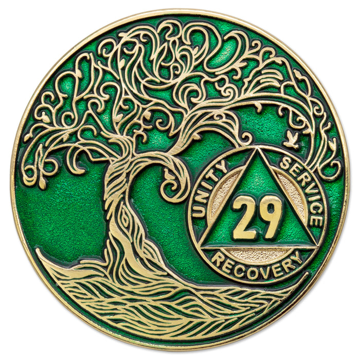 29 Year Sobriety Mint Twisted Tree of Life Gold Plated AA Recovery Medallion - Twenty Nine Year Chip/Coin - Green + Velvet Box
