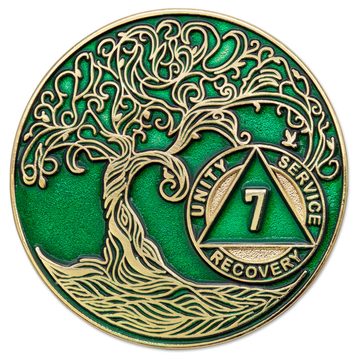 7 Year Sobriety Mint Twisted Tree of Life Gold Plated AA Recovery Medallion - Seven Year Chip/Coin - Green