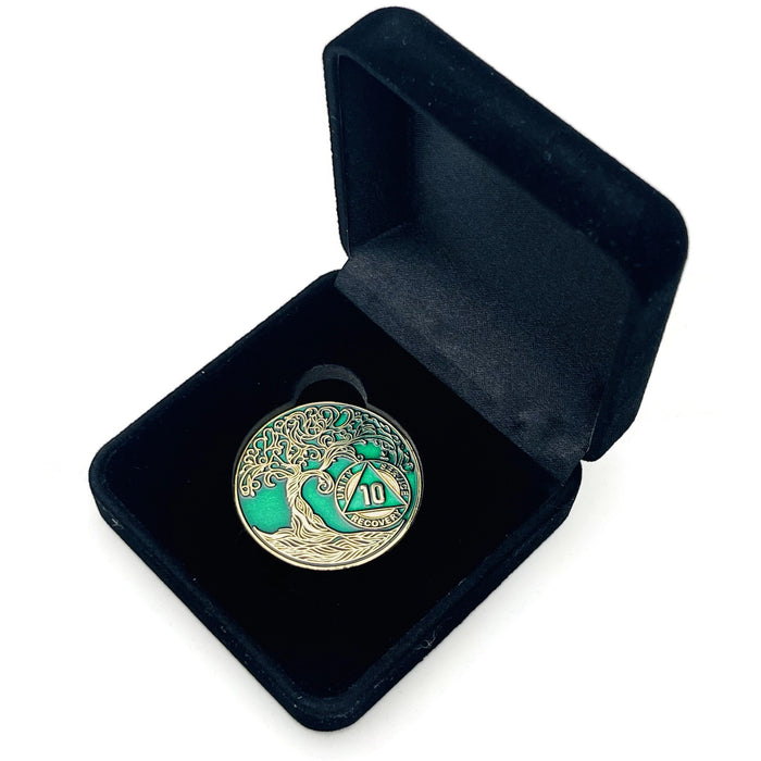 10 Year Sobriety Mint Twisted Tree of Life Gold Plated AA Recovery Medallion - Ten Year Chip/Coin - Green + Velvet Box