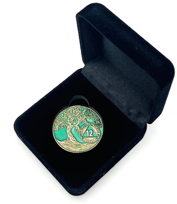 12 Year Sobriety Mint Twisted Tree of Life Gold Plated AA Recovery Medallion - Twelve Year Chip/Coin - Green + Velvet Box