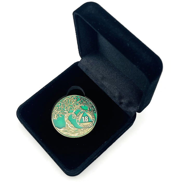 18 Year Sobriety Mint Twisted Tree of Life Gold Plated AA Recovery Medallion - Eighteen Year Chip/Coin - Green + Velvet Box