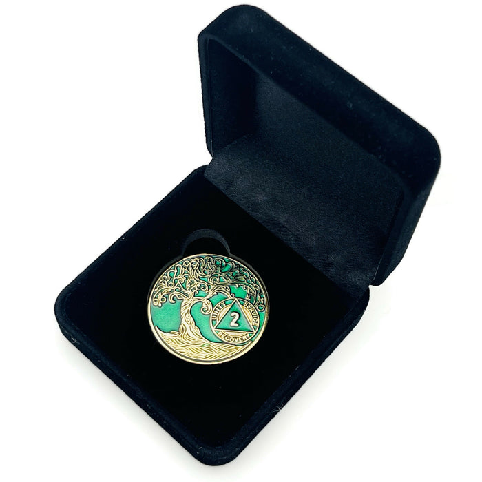 2 Year Sobriety Mint Twisted Tree of Life Gold Plated AA Recovery Medallion - Two Year Chip/Coin - Green + Velvet Box