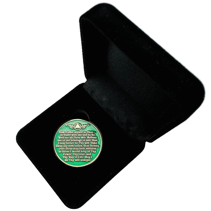 29 Year Sobriety Mint Twisted Tree of Life Gold Plated AA Recovery Medallion - Twenty Nine Year Chip/Coin - Green + Velvet Box