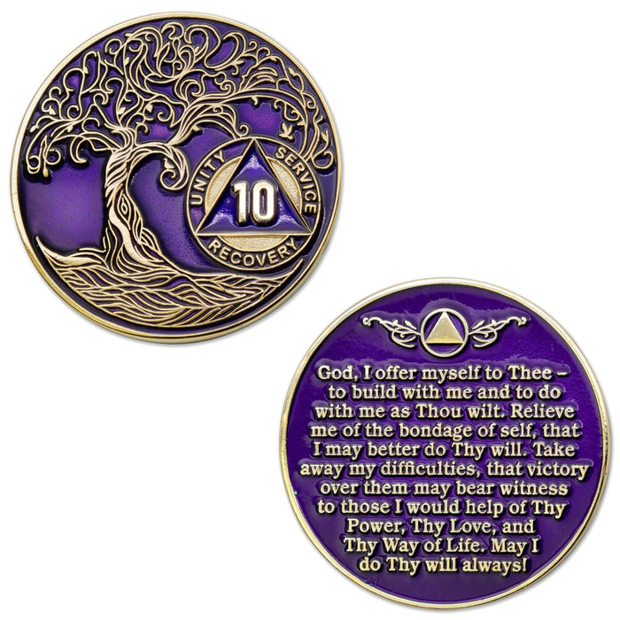 10 Year Sobriety Mint Twisted Tree of Life Gold Plated AA Recovery Medallion/Chip/Coin - Purple + Velvet Box